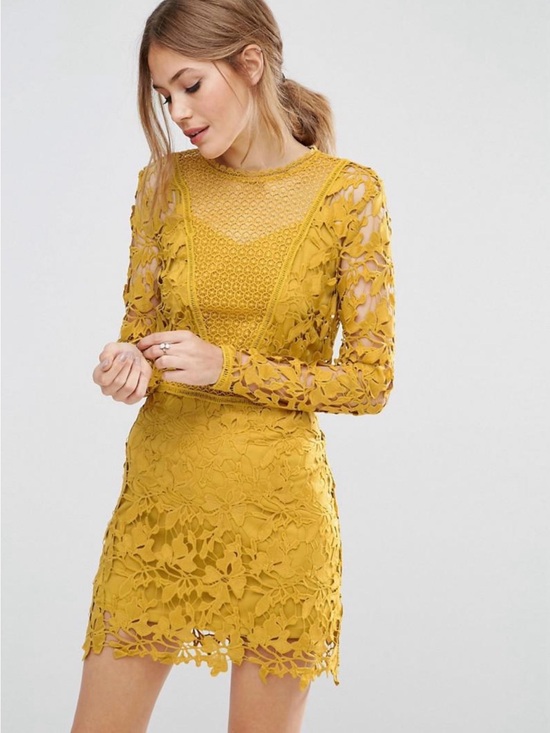 ASOS Dresses & Skirts - ASOS Mustard Lace Long Sleeve Panelled Dress